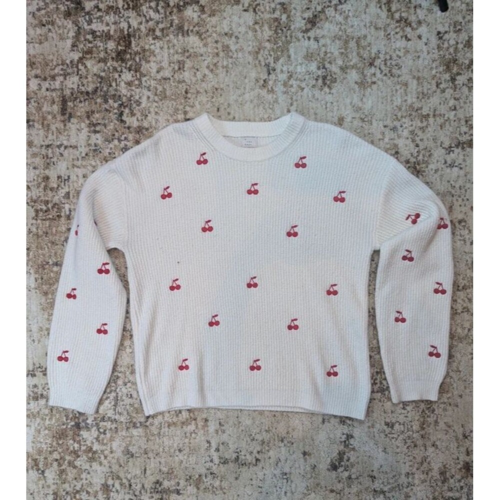 A New Day Crew Neck Cream Cherry Embroidered Knit Sweater Size M